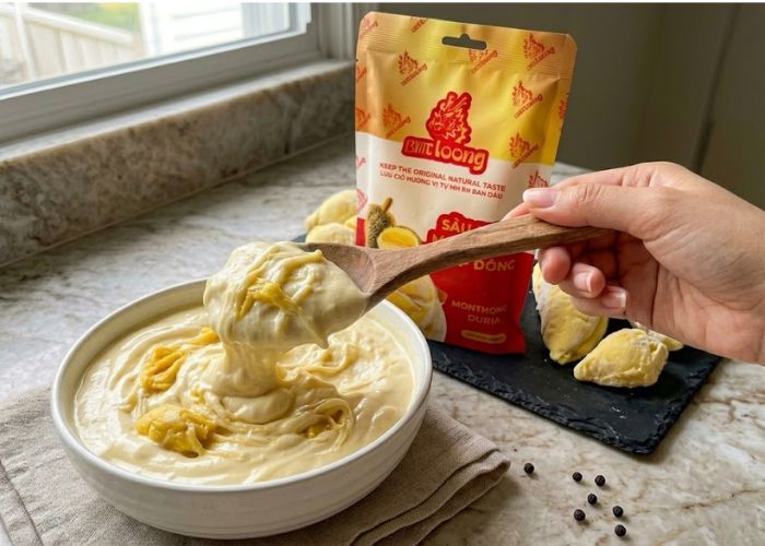 Kem sầu riêng béo ngậy được làm từ thịt sầu riêng cấp đông BMTLoong và whipping cream.