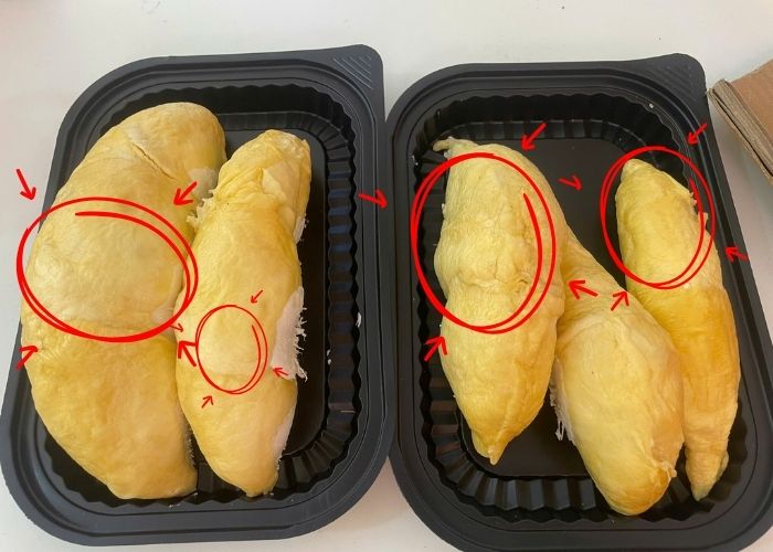 Sầu riêng chưa đạt độ chín thường có cơm khá cứng, vị nhạt và hương thơm chưa rõ.