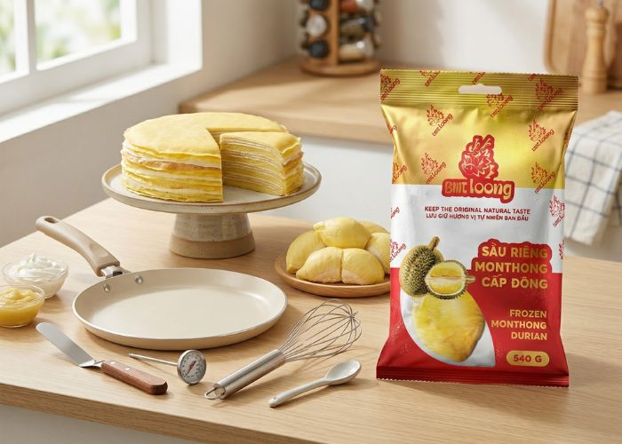 Ứng dụng sầu riêng Monthong làm nhân bánh Crepe giúp tạo kết cấu mềm mịn, ngọt thanh.
